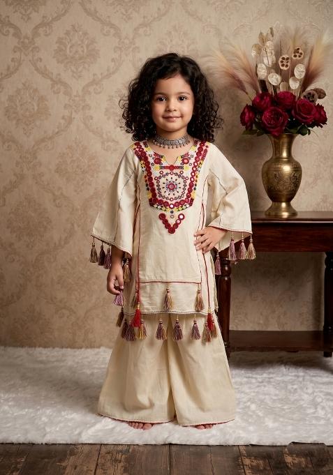 Cream Embroidered Cotton Co Ords Set For Girls
