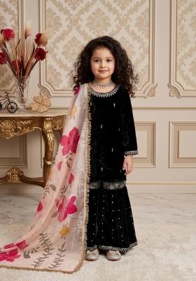Black Embroidered Viscose Sharara Set For Girls