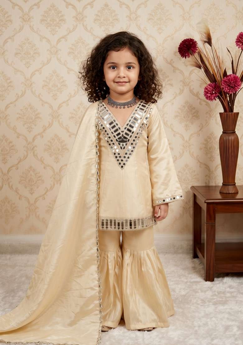 Cream Mirror Work Silk Sharara Set For Girls - Indya