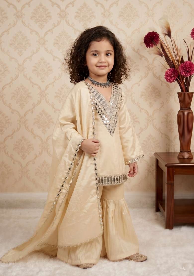 Cream Mirror Work Silk Sharara Set For Girls - Indya