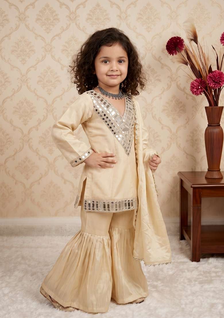 Cream Mirror Work Silk Sharara Set For Girls - Indya