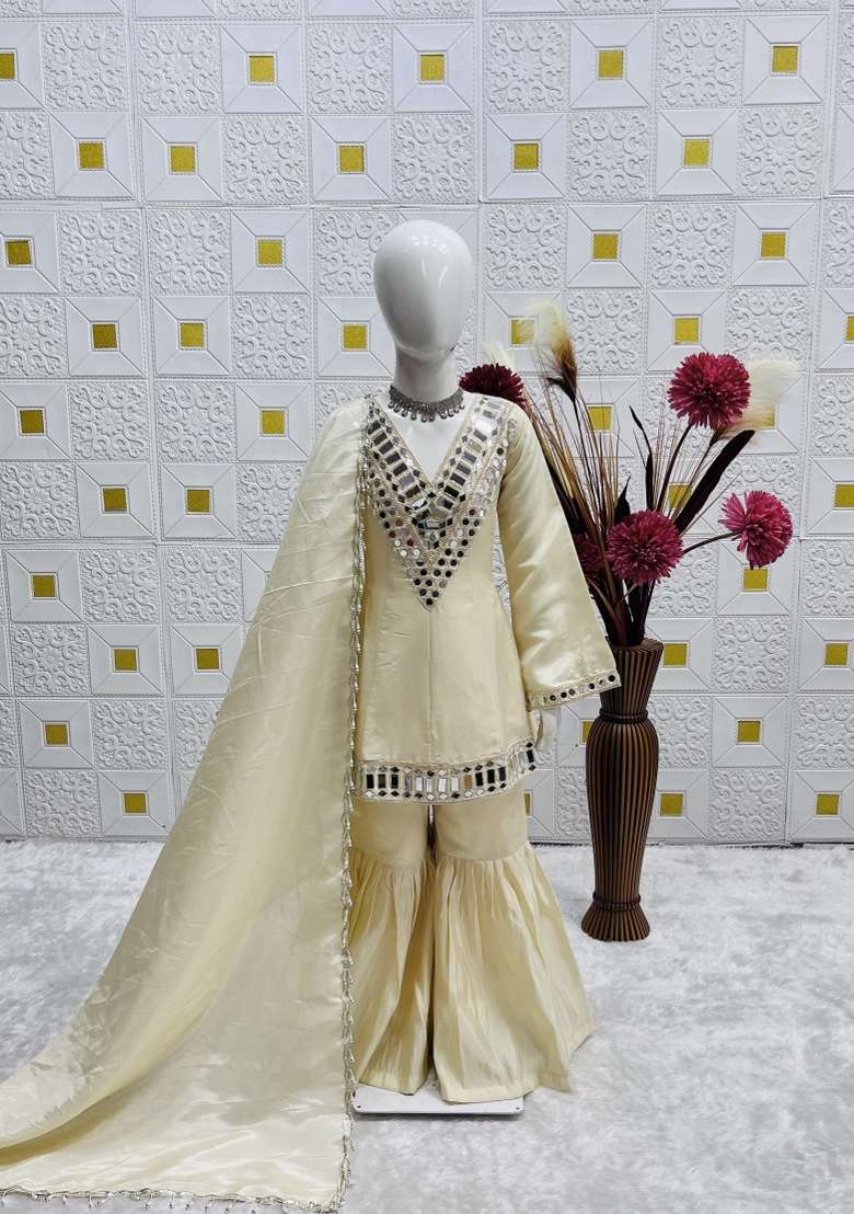 Cream Mirror Work Silk Sharara Set For Girls - Indya