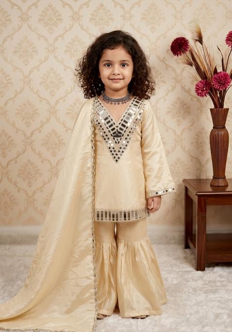 Cream Mirror Work Silk Sharara Set For Girls