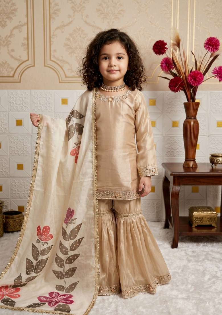Cream Embroidered Silk Sharara Set For Girls - Indya