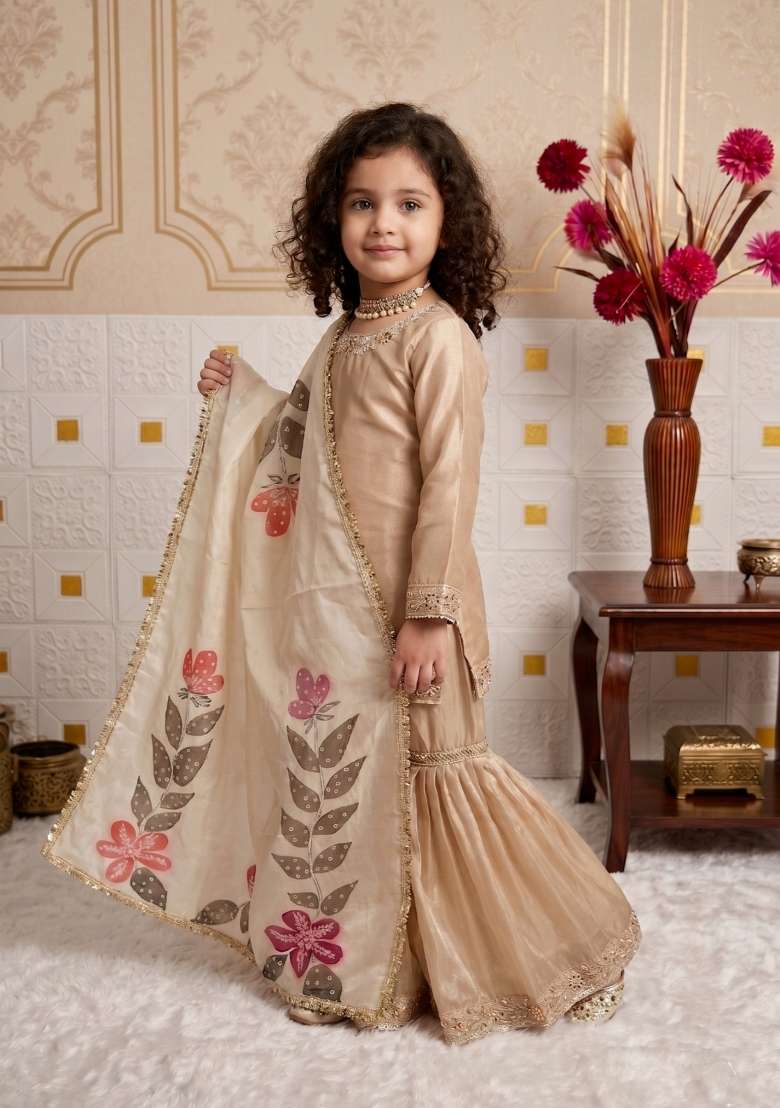 Cream Embroidered Silk Sharara Set For Girls - Indya