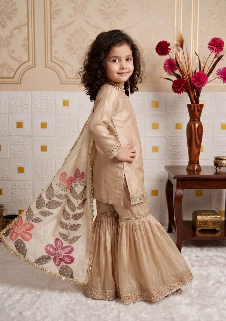 Cream Embroidered Silk Sharara Set For Girls - Indya