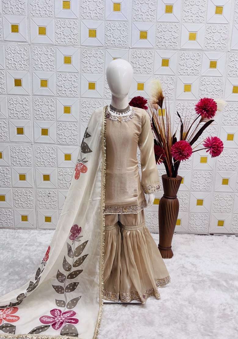 Cream Embroidered Silk Sharara Set For Girls - Indya
