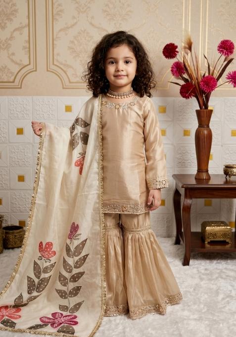 Cream Embroidered Silk Sharara Set For Girls