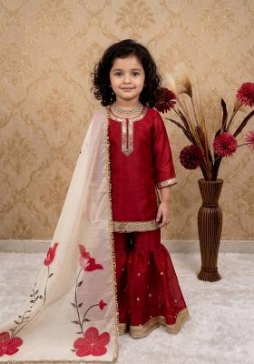 Maroon Embroidered Silk Sharara Set For Girls