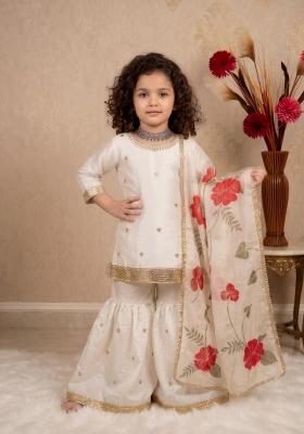 Off White Embroidered Silk Sharara Set For Girls