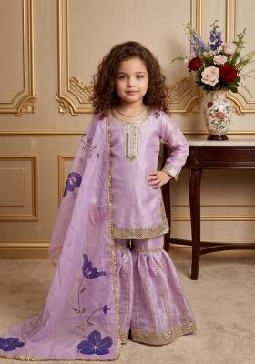 Lavender Embroidered Silk Sharara Set For Girls