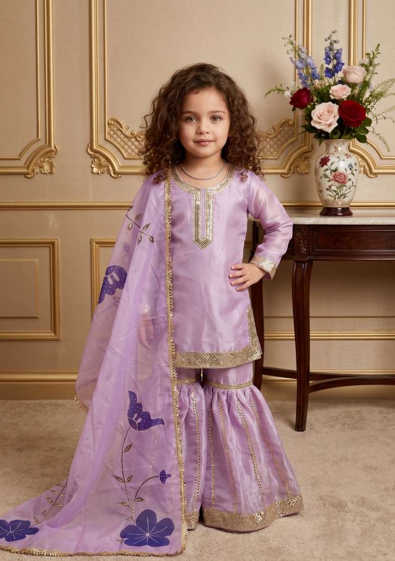 Lavender Embroidered Silk Sharara Set For Girls - Indya