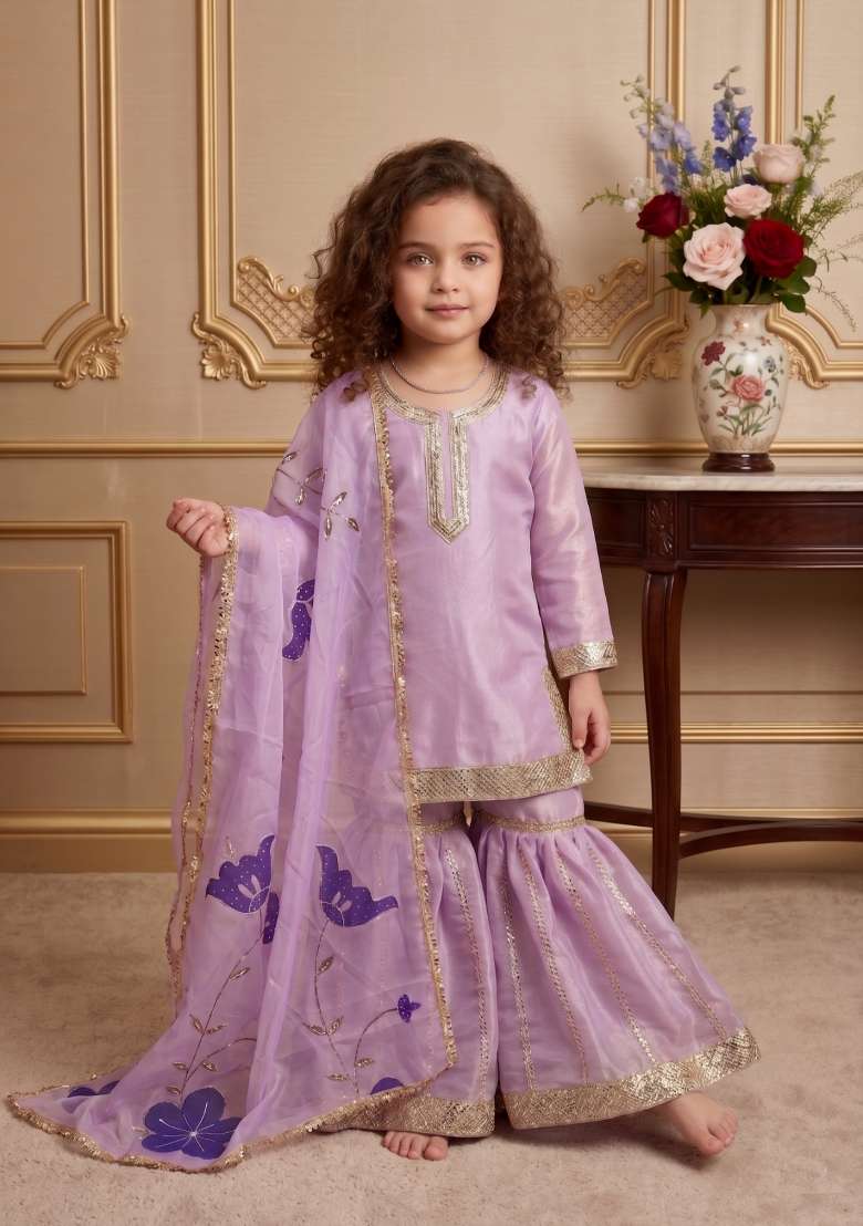 Lavender Embroidered Silk Sharara Set For Girls - Indya