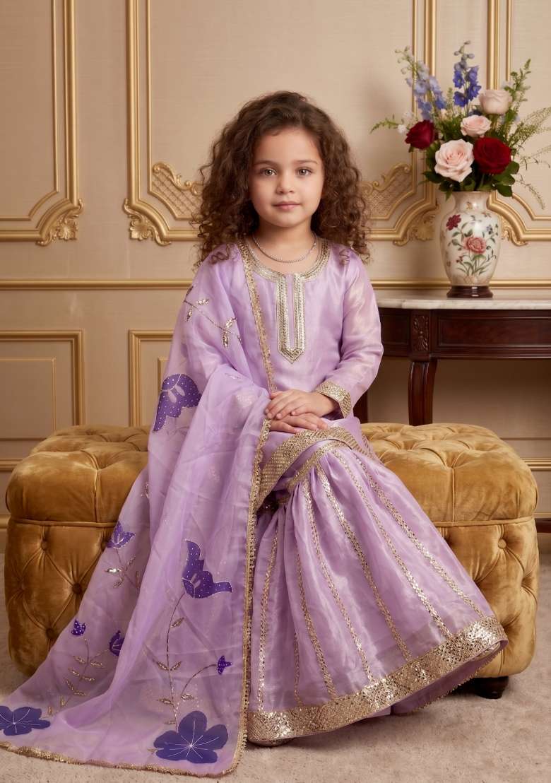 Lavender Embroidered Silk Sharara Set For Girls - Indya