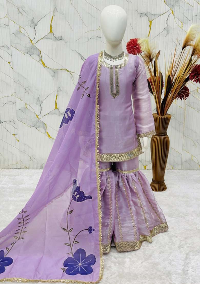 Lavender Embroidered Silk Sharara Set For Girls - Indya
