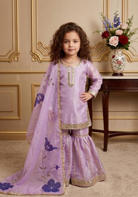Lavender Embroidered Silk Sharara Set For Girls