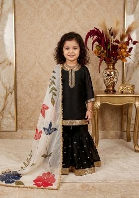 Black Embroidered Silk Sharara Set For Girls