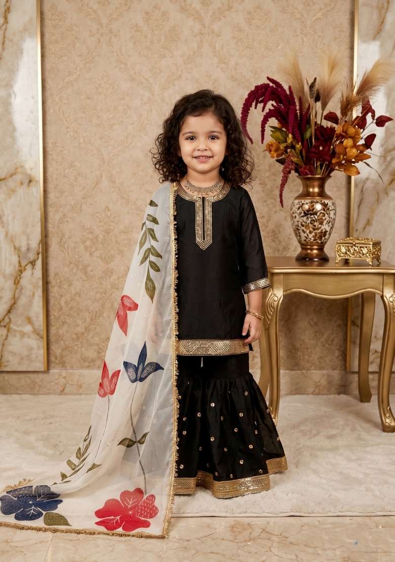 Black Embroidered Silk Sharara Set For Girls - Indya