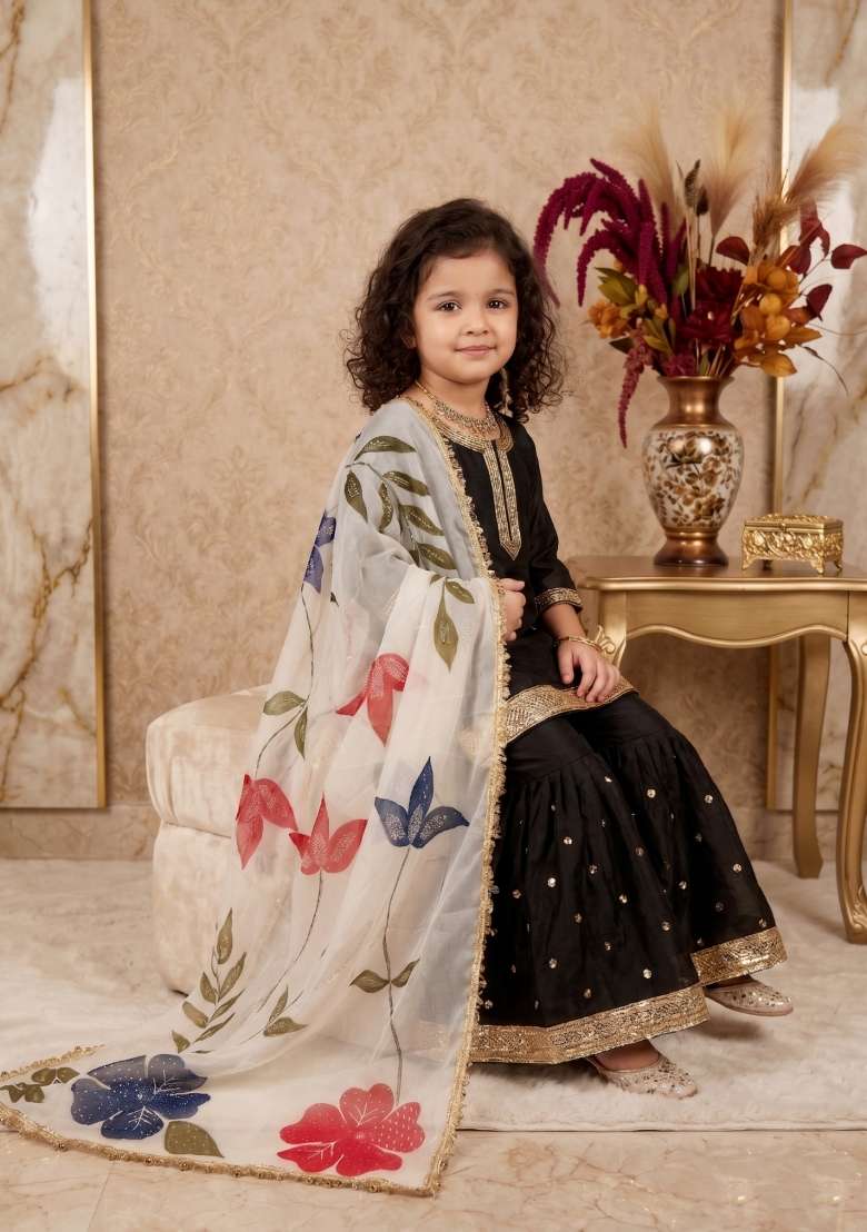 Black Embroidered Silk Sharara Set For Girls - Indya