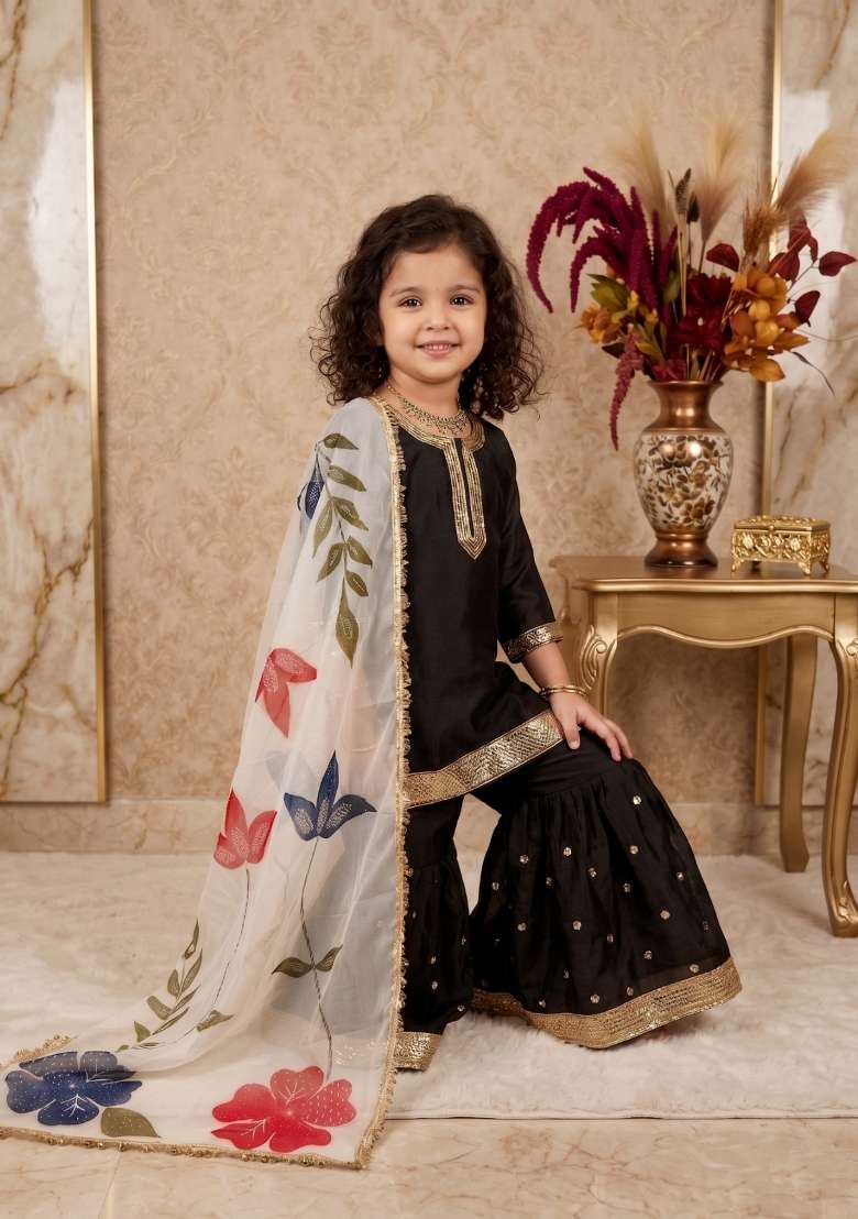 Black Embroidered Silk Sharara Set For Girls - Indya