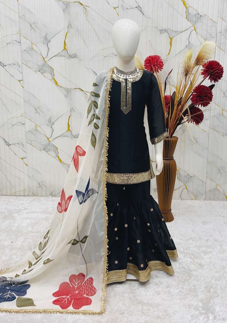Black Embroidered Silk Sharara Set For Girls - Indya