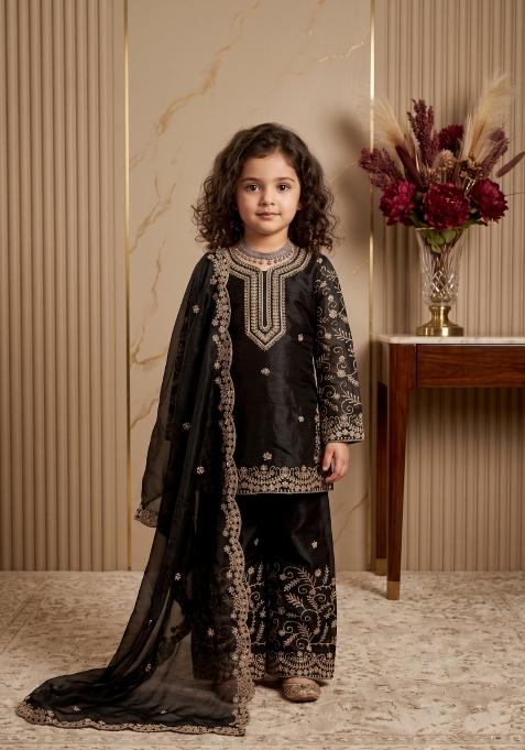 Black Embroidered Silk Salwar Suits For Girls