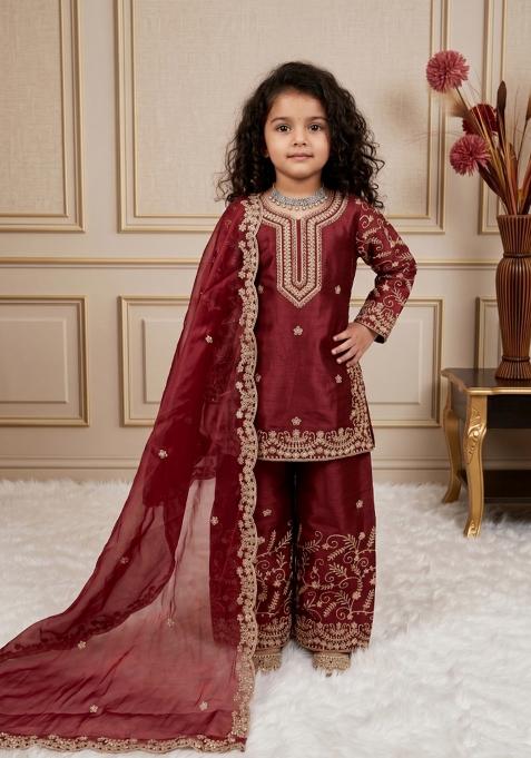 Maroon Embroidered Silk Salwar Suits For Girls