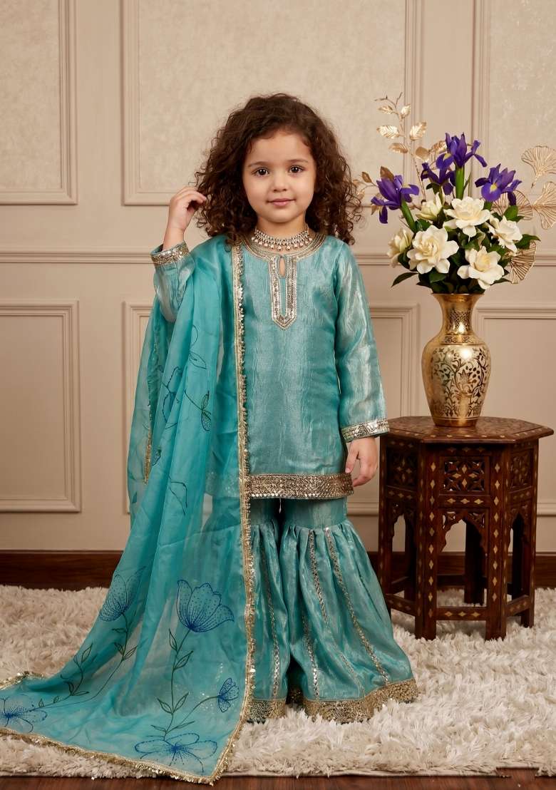 Sky Blue Embroidered Silk Sharara Set For Girls - Indya