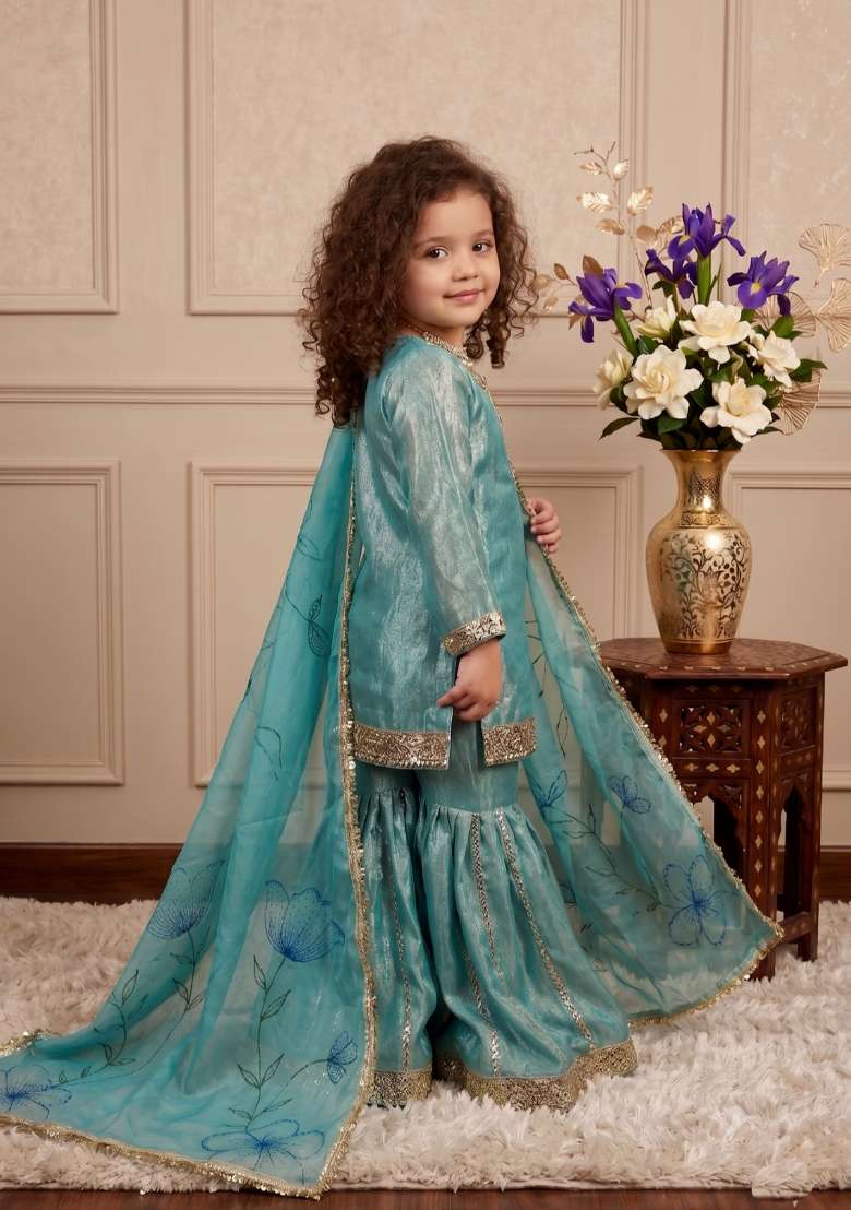 Sky Blue Embroidered Silk Sharara Set For Girls - Indya