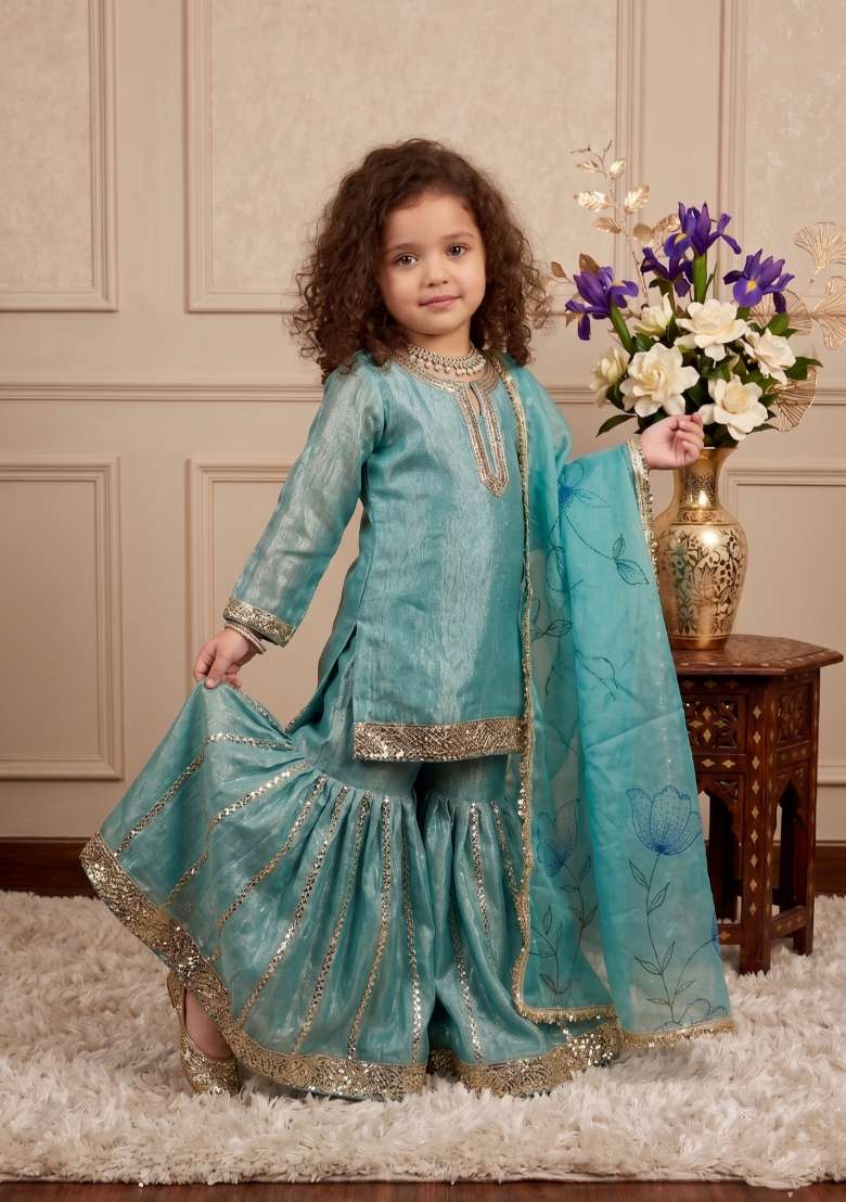 Sky Blue Embroidered Silk Sharara Set For Girls - Indya