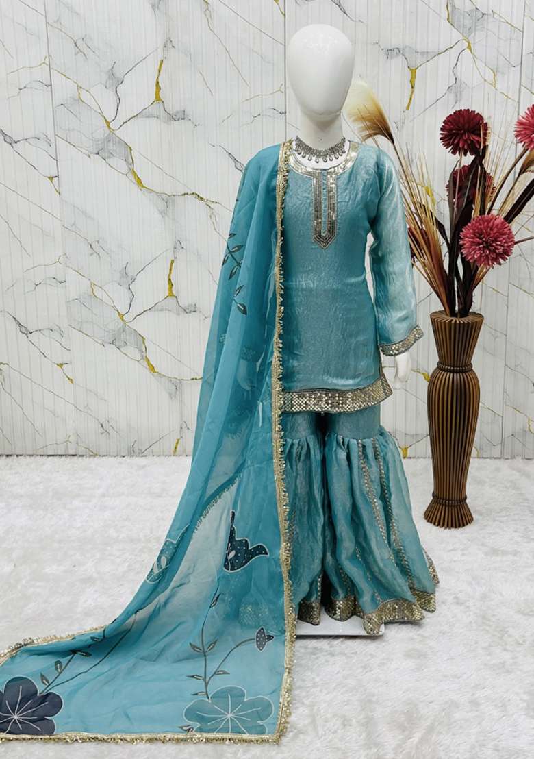Sky Blue Embroidered Silk Sharara Set For Girls - Indya