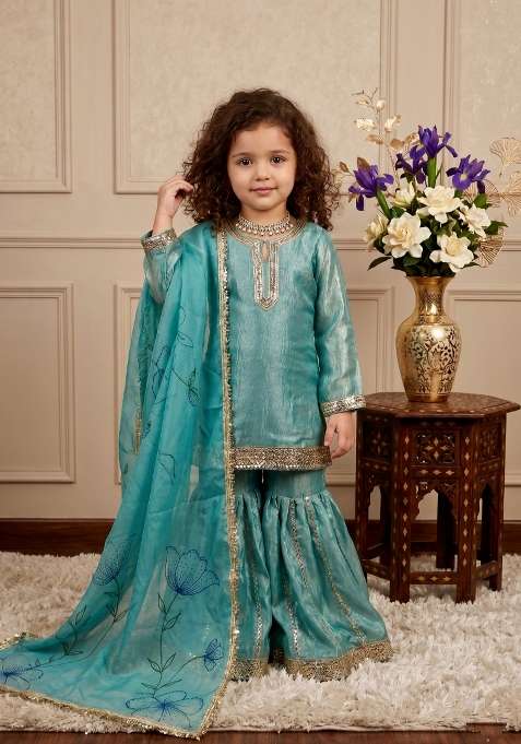 Sky Blue Embroidered Silk Sharara Set For Girls