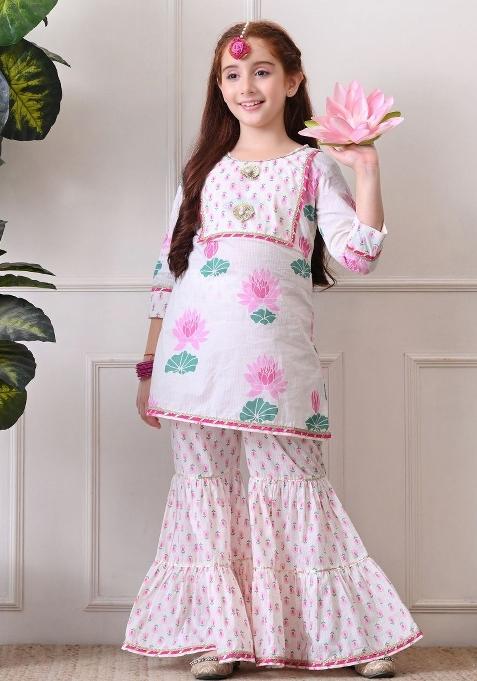 White Floral Cotton Sharara Set For Girls