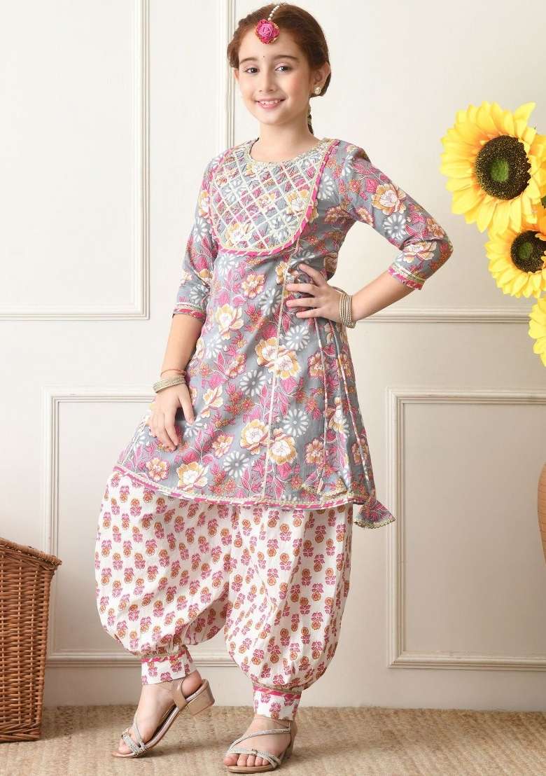 Grey Floral Cotton Kurta Set For Girls - Indya