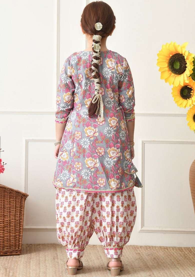 Grey Floral Cotton Kurta Set For Girls - Indya