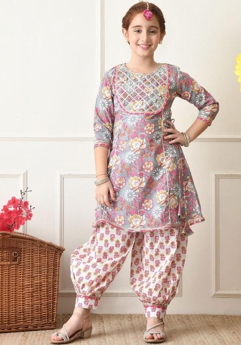 Grey Floral Cotton Kurta Set For Girls