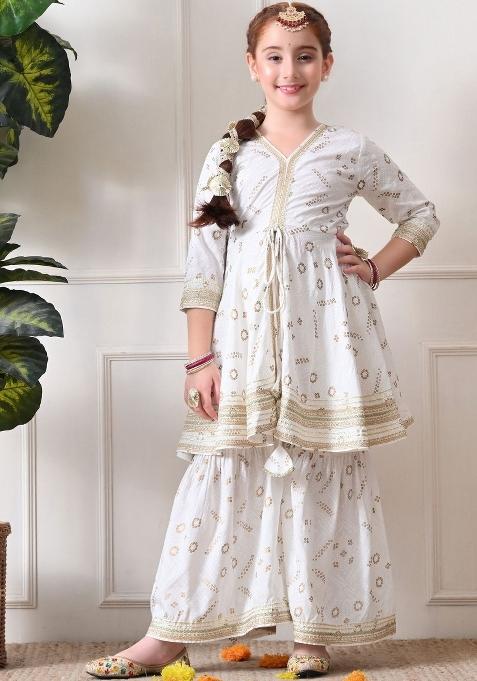 White Ethnic Motifs Viscose Sharara Set For Girls