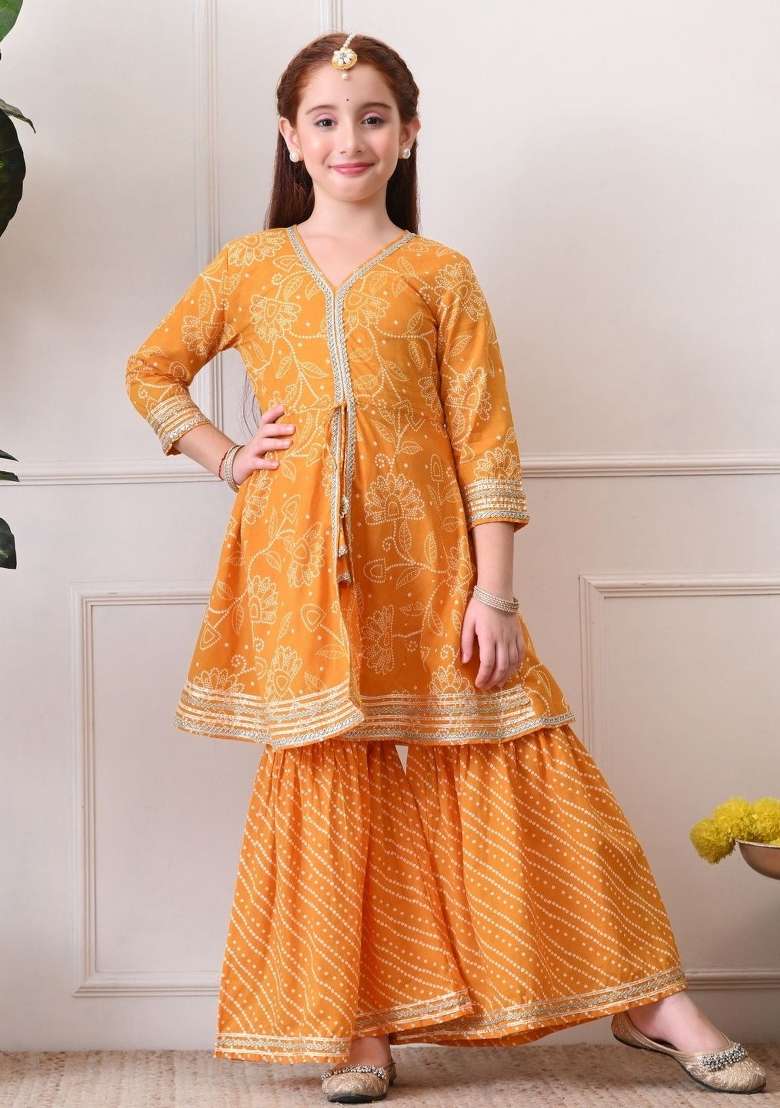 Orange Ethnic Motifs Cotton Sharara Set For Girls - Indya