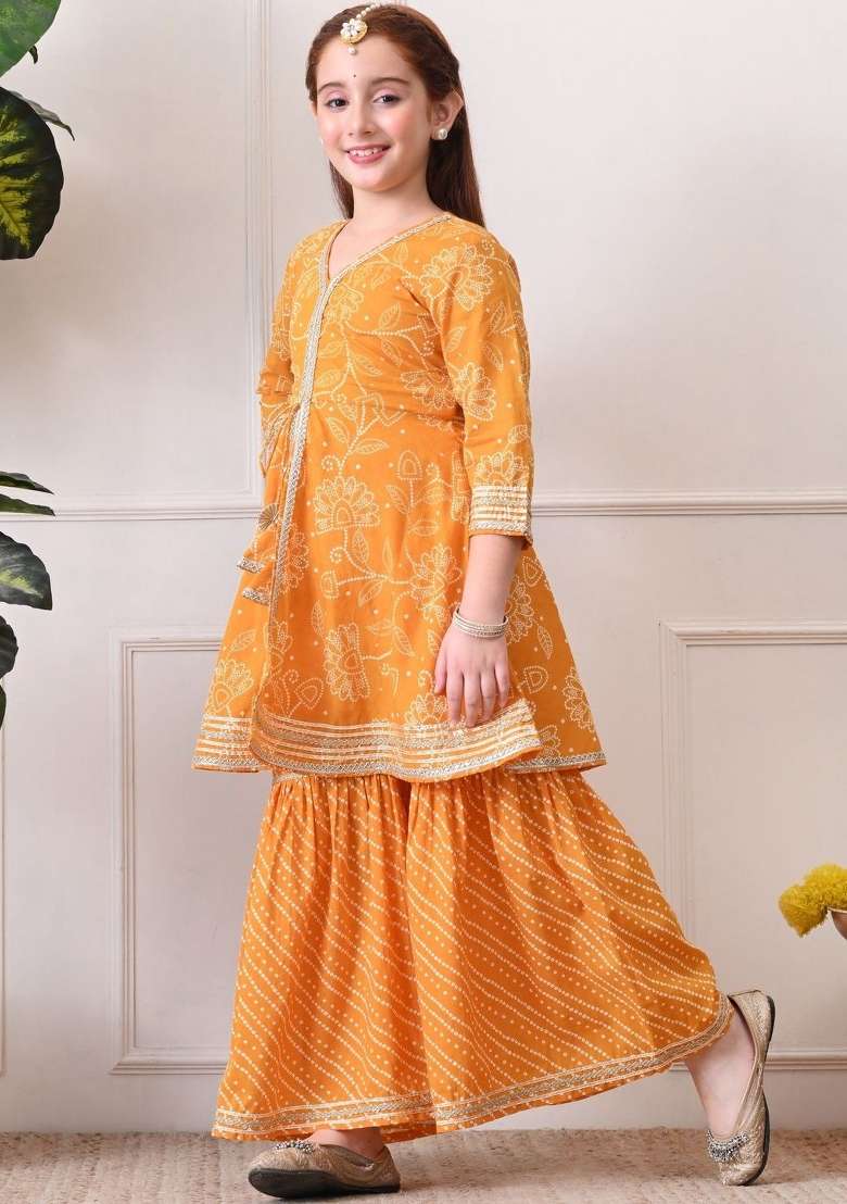 Orange Ethnic Motifs Cotton Sharara Set For Girls - Indya