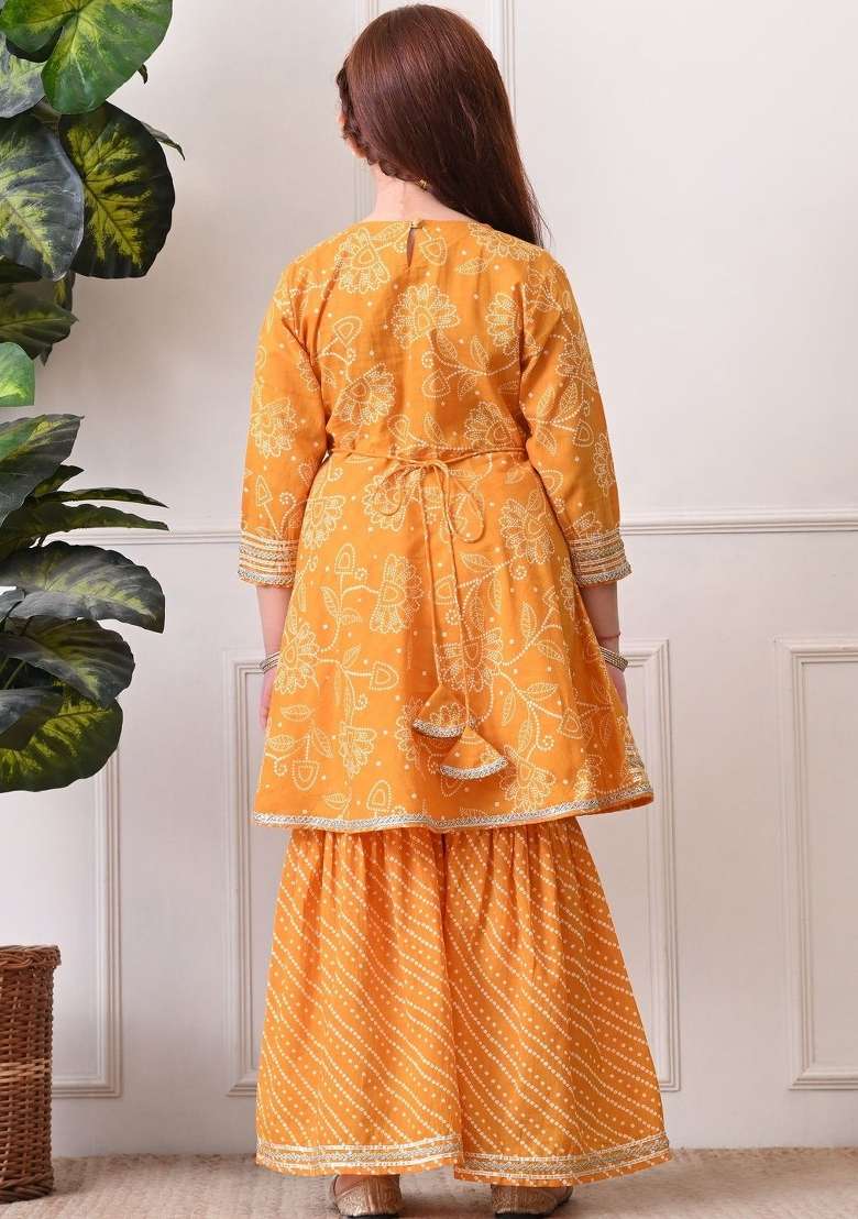 Orange Ethnic Motifs Cotton Sharara Set For Girls - Indya