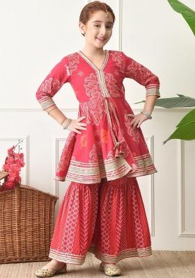 Red Ethnic Motifs Cotton Sharara Set For Girls