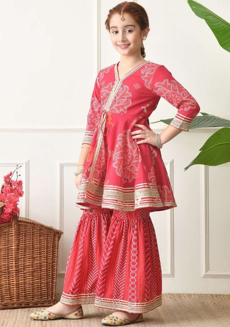 Red Ethnic Motifs Cotton Sharara Set For Girls - Indya