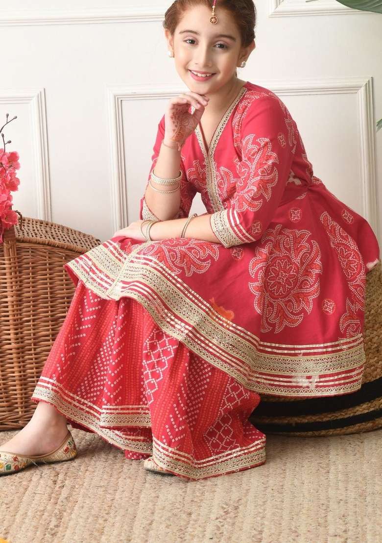 Red Ethnic Motifs Cotton Sharara Set For Girls - Indya