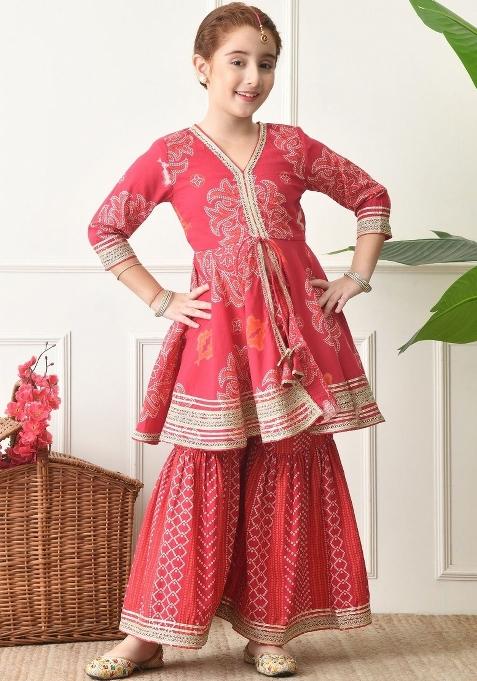 Red Ethnic Motifs Cotton Sharara Set For Girls