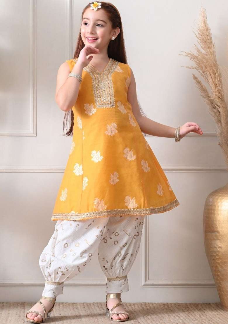 Yellow Floral Cotton Kurta Set For Girls - Indya