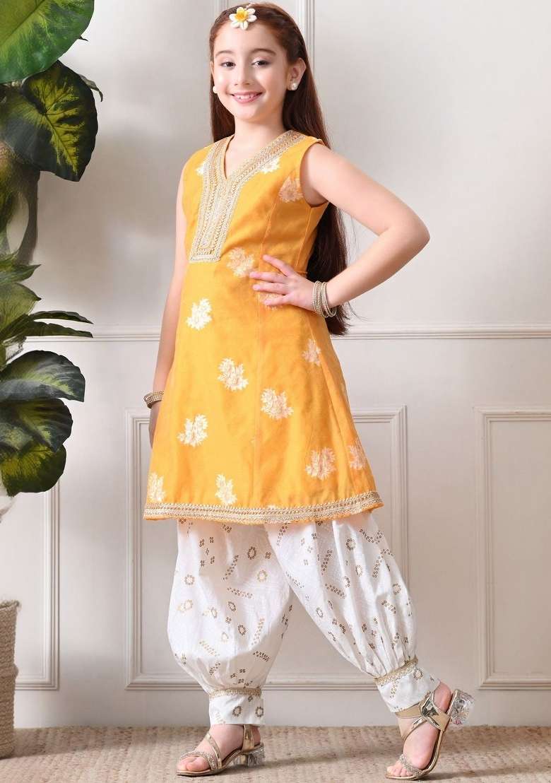 Yellow Floral Cotton Kurta Set For Girls - Indya