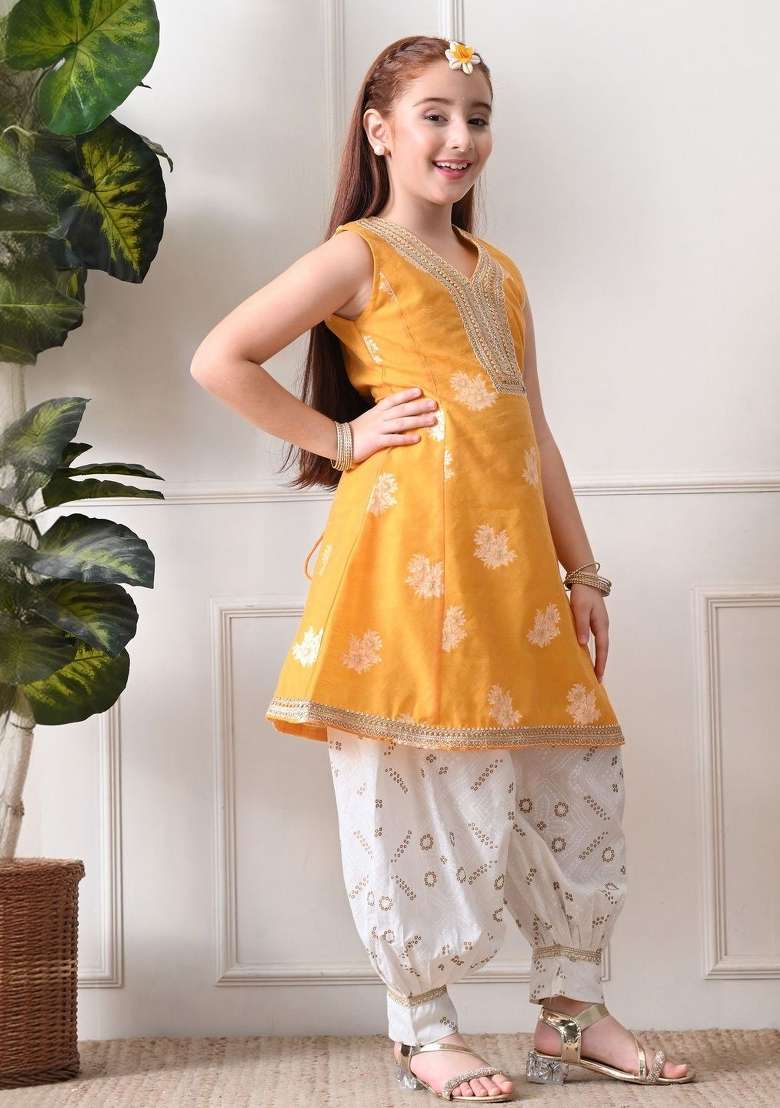 Yellow Floral Cotton Kurta Set For Girls - Indya