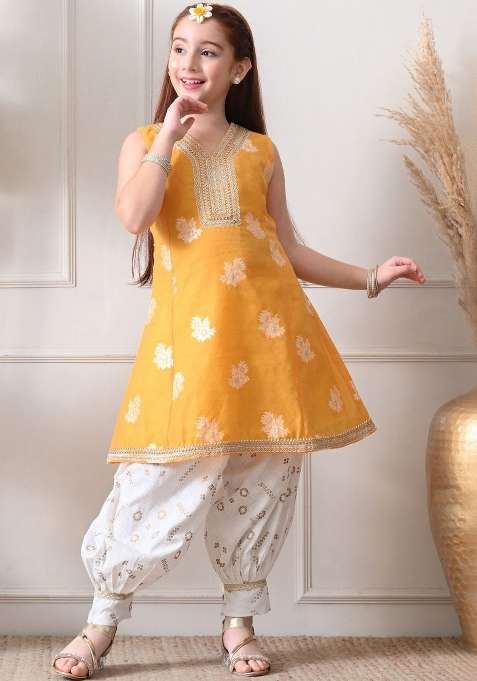 Yellow Floral Cotton Kurta Set For Girls