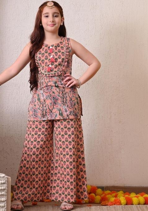 Peach Floral Cotton Palazzo Set For Girls