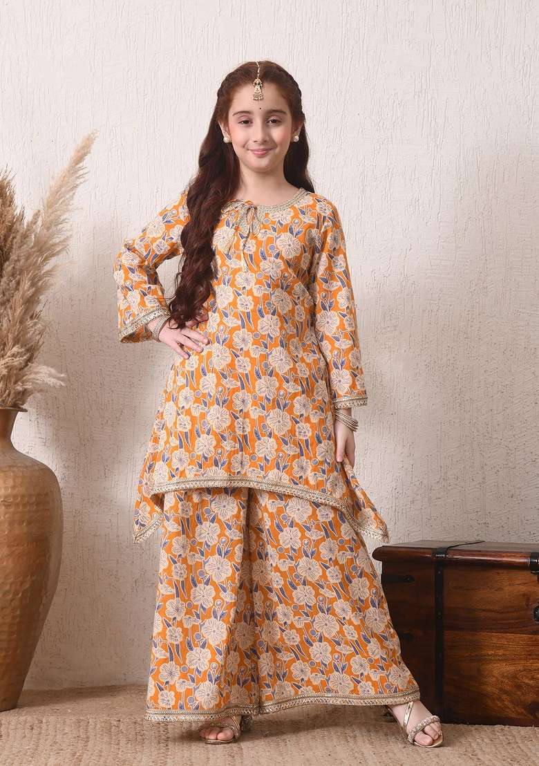 Orange Floral Cotton Palazzo Set For Girls - Indya